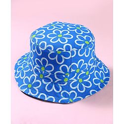 Babyhug Cotton Woven Two Layer Bucket Hat with Floral Print Blue - Diameter 17 cm
