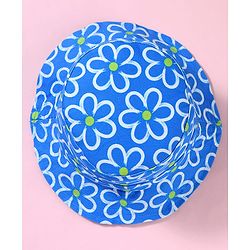 Babyhug Cotton Woven Two Layer Bucket Hat with Floral Print Blue - Diameter 17 cm