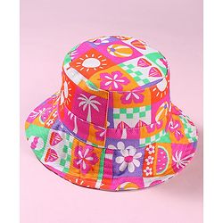 Babyhug Cotton Woven Two Layer Bucket Hat with Beach Theme Print Multicolor - Diameter 19 cm