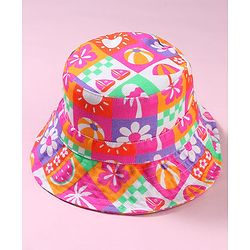 Babyhug Cotton Woven Two Layer Bucket Hat with Beach Theme Print Multicolor - Diameter 19 cm