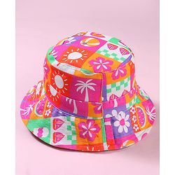 Babyhug Cotton Woven Two Layer Bucket Hat with Beach Theme Print Multicolor - Diameter 19 cm