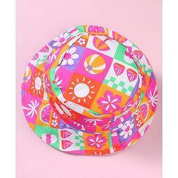 Babyhug Cotton Woven Two Layer Bucket Hat with Beach Theme Print Multicolor - Diameter 19 cm
