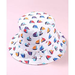 Babyhug Cotton Woven Bucket Hat With Boat Print White - Diameter 16