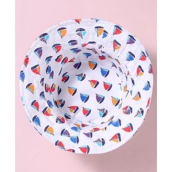 Babyhug Cotton Woven Bucket Hat With Boat Print White - Diameter 16