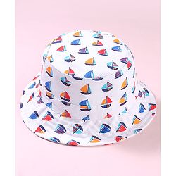 Babyhug Cotton Woven Bucket Hat With Boat Print White - Diameter 17