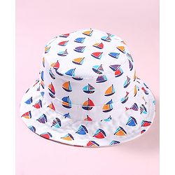 Babyhug Cotton Woven Bucket Hat With Boat Print White - Diameter 17