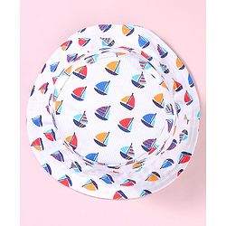 Babyhug Cotton Woven Bucket Hat With Boat Print White - Diameter 17
