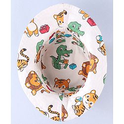 Babyhug Cotton Woven Two Layer Bucket Hat Animals Print White -Diameter 16 cm