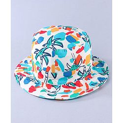 Babyhug Cotton Woven Two Layer Bucket Hat with Coconut Tree Print White - Diameter 17 cm