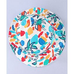 Babyhug Cotton Woven Two Layer Bucket Hat with Coconut Tree Print White - Diameter 17 cm