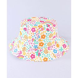 Babyhug Cotton Woven Two Layer Bucket Hat Rainbow Print White -Diameter  17 cm