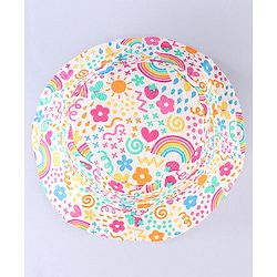 Babyhug Cotton Woven Two Layer Bucket Hat Rainbow Print White -Diameter  17 cm