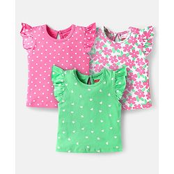 Babyhug Cotton Knit Frill Sleeves T-Shirts with Polka Dots & Floral Print Pack of 3 - Light Green & Pink