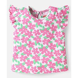 Babyhug Cotton Knit Frill Sleeves T-Shirts with Polka Dots & Floral Print Pack of 3 - Light Green & Pink