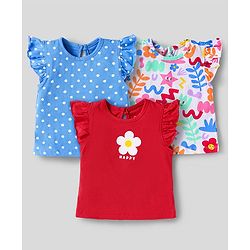 Babyhug Cotton Knit Frill Sleeves T-Shirts With Floral & Polka Dot Print Pack Of 3 - Red & Blue