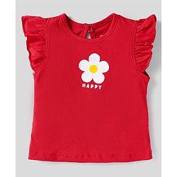 Babyhug Cotton Knit Frill Sleeves T-Shirts With Floral & Polka Dot Print Pack Of 3 - Red & Blue