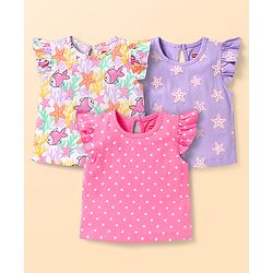 Babyhug Cotton Knit Frill Sleeves T-Shirts With Polka Dot & Sea Life Print Pack Of 3 - Pink & Purple