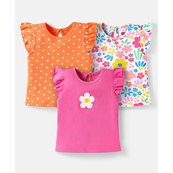 Babyhug Cotton Knit Frill Sleeves T-Shirts with Polka Dots & Floral Print Pack of 3 - Orange & Pink