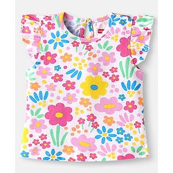 Babyhug Cotton Knit Frill Sleeves T-Shirts with Polka Dots & Floral Print Pack of 3 - Orange & Pink