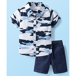 Babyhug Cotton Woven Half Sleeves Camouflage Shirt & Denim Shorts Set - Navy Blue