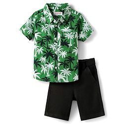 Babyhug Cotton Woven Half Sleeves Shirt & Denim Shorts Set With Tree Print - Green & Black