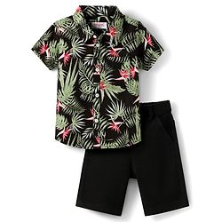Babyhug Cotton Woven Half Sleeves Shirt & Denim Shorts Set with Leaves Print - Black