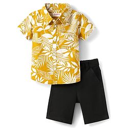 Babyhug Cotton Woven Half Sleeves Shirt and Shorts Set with Leaves Printed - Yellow & Black