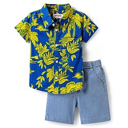 Babyhug Cotton Woven Half Sleeves Shirt & Denim Shorts Set with Floral Print - Blue