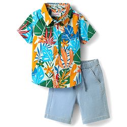 Babyhug Cotton Woven Half Sleeves Shirts and Shorts Set with Leaves Print - Light Blue