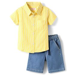 Babyhug Cotton Woven Half Sleeves Striped Shirt & Denim Shorts Set - Yellow & Blue