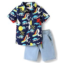 Babyhug Cotton Knit Half Sleeves Shirt & Shorts Set with Beach Theme Print - Navy & Light Blue