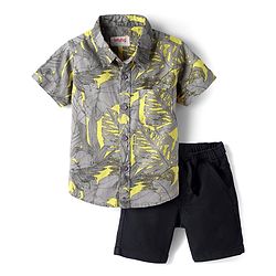 Babyhug Cotton Woven Half Sleeves Shirt & Denim Shorts Set With Leaf Print - Grey & Black