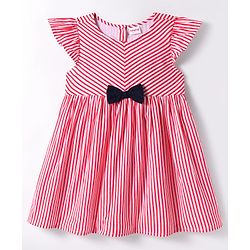 Babyhug Rayon Woven Cap Sleeves Striped Dress With Bow Applique - Red & White