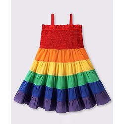 Babyhug 100% Cotton Woven Singlet Sleeves Tiered Frock with Smock Detailing - Red & Yellow