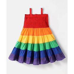 Babyhug 100% Cotton Woven Singlet Sleeves Tiered Frock with Smock Detailing - Red & Yellow