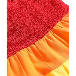 Babyhug 100% Cotton Woven Singlet Sleeves Tiered Frock with Smock Detailing - Red & Yellow