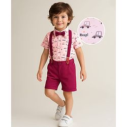 Babyhug Knit Half Sleeves Car Printed Shirt & Shorts Set with Bow & Suspender - Maroon & Light Pink