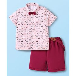 Babyhug Knit Half Sleeves Car Printed Shirt & Shorts Set with Bow & Suspender - Maroon & Light Pink