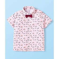 Babyhug Knit Half Sleeves Car Printed Shirt & Shorts Set with Bow & Suspender - Maroon & Light Pink