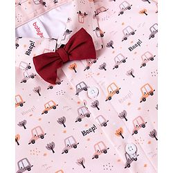 Babyhug Knit Half Sleeves Car Printed Shirt & Shorts Set with Bow & Suspender - Maroon & Light Pink