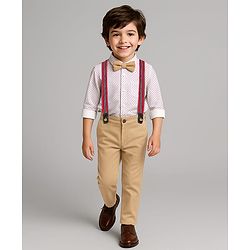 Babyhug Knit Full Sleeves Polka Dots Printed Shirt & Trouser Set with Bow & Suspender - White & Beige