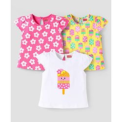 Babyhug Cotton Knit Sleeveless T-Shirts With Floral & Ice- Cream Print Pack Of 3 - Pink Yellow & White