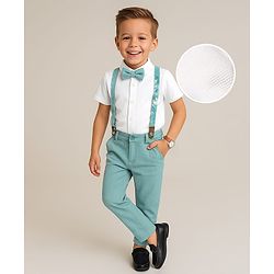 Babyhug Knit Half Sleeves Solid Shirt & Trouser With Bow & Suspender - White & Green