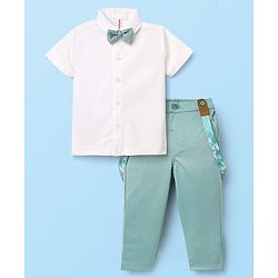 Babyhug Knit Half Sleeves Solid Shirt & Trouser With Bow & Suspender - White & Green