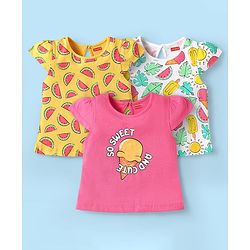 Babyhug Cotton Knit Half Sleeves T-Shirts With Tropical Print Pack Of 3 - Dark Pink Yellow & White