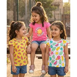 Babyhug Cotton Knit Half Sleeves T-Shirts With Tropical Print Pack Of 3 - Dark Pink Yellow & White