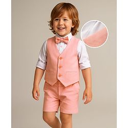 Babyhug Knit Full Sleeves Solid 3 Piece Party Suit With Bow - Peach & White
