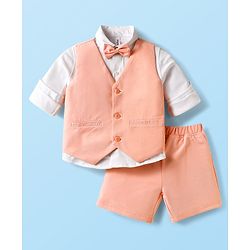 Babyhug Knit Full Sleeves Solid 3 Piece Party Suit With Bow - Peach & White