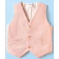 Babyhug Knit Full Sleeves Solid 3 Piece Party Suit With Bow - Peach & White