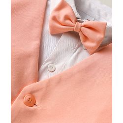 Babyhug Knit Full Sleeves Solid 3 Piece Party Suit With Bow - Peach & White